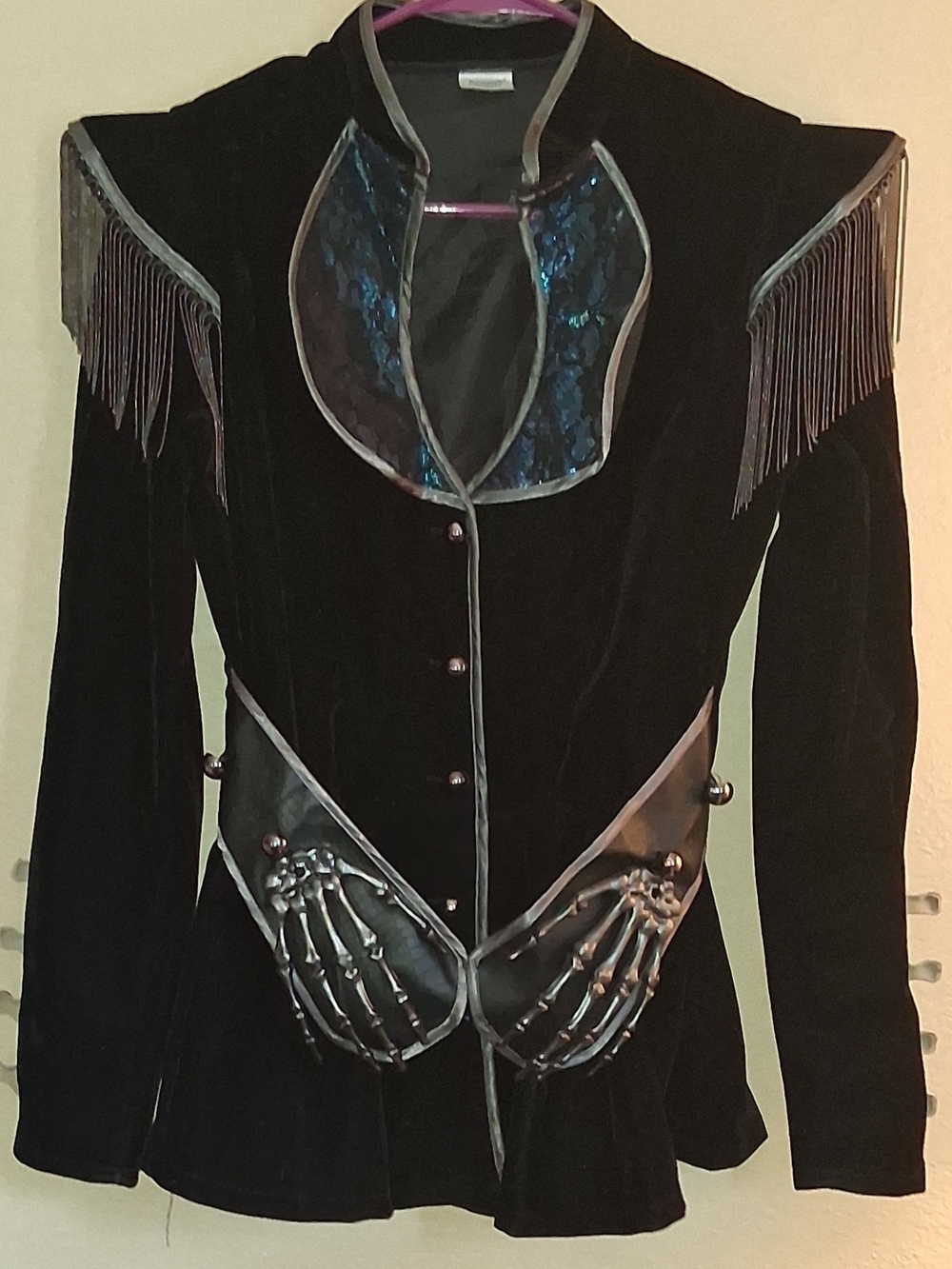 Spirit Halloween Black Velvet Blazer with Metallic Skeleton Hands & Fringe
